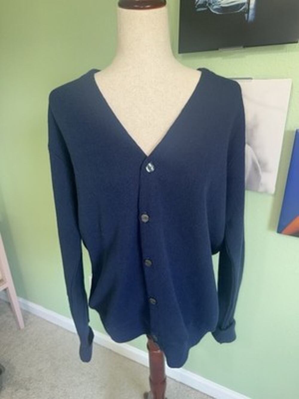 Vtg Jantzen Mens Medium Cardigan Sweater Navy Blue V-Neck Grandpa Knit USA